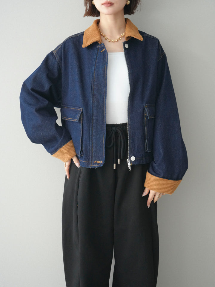 [予約]コーデュロイ×デニムショートカバーオール/indigo