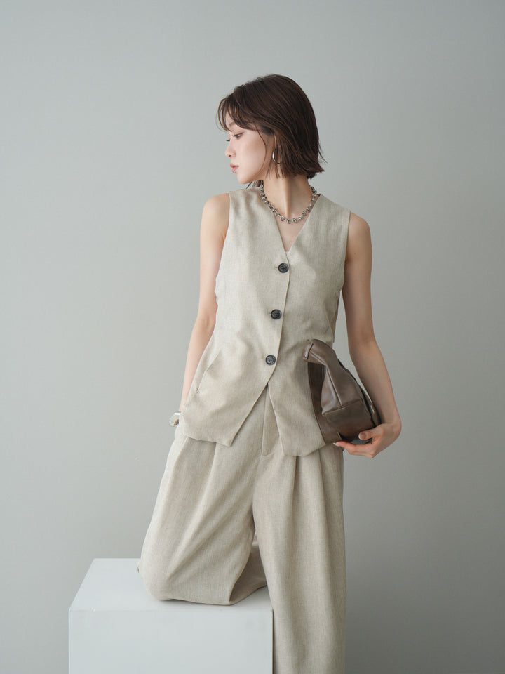 [SET]リネンライクバックオープンジレ+リネンライクタックワイドパンツ(2set)
