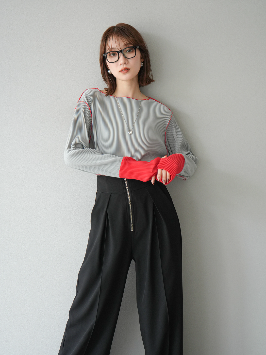 [予約]バイカラープリーツトップス/グレー