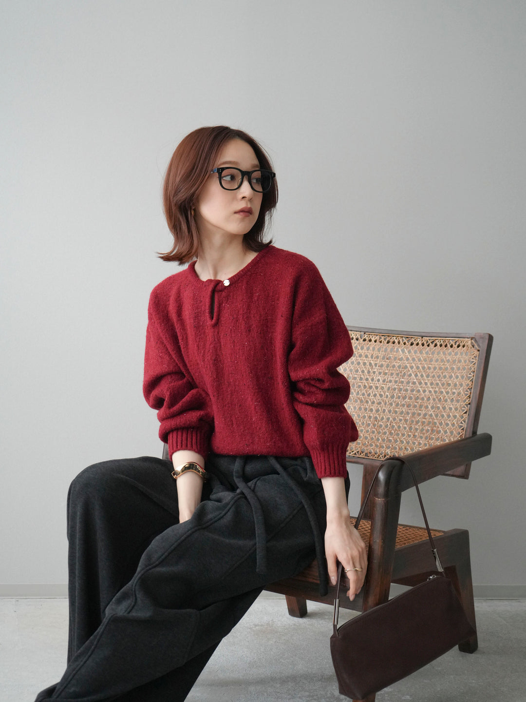 [予約]ツイストネックラメネップヤーンニットプルオーバー/red