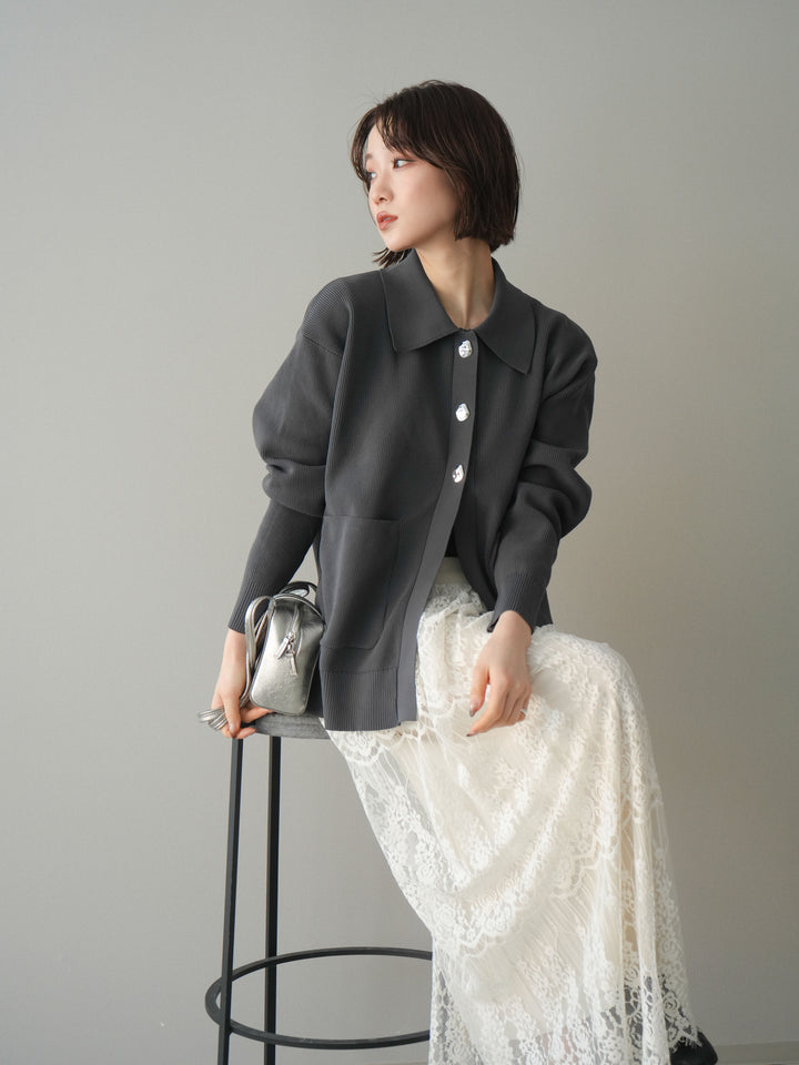 [予約]メタルボタン襟付きポリエステルニットカーディガン/charcoal