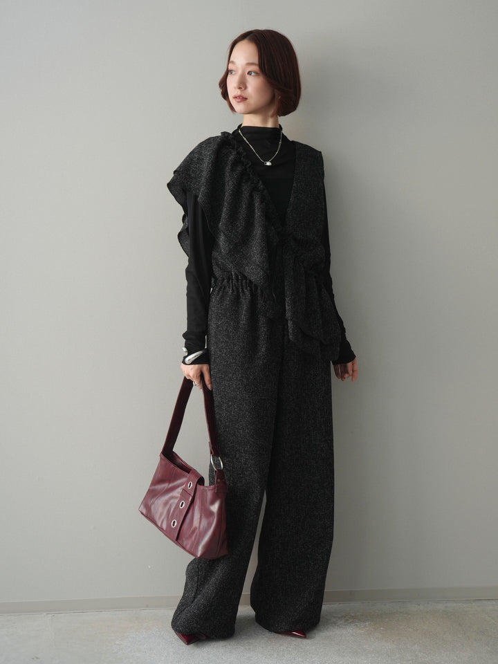 [SET]3WAYミックスツイードギャザーオールインワン+シアープチネックストレッチトップス(2set)