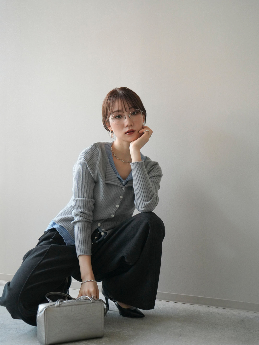 [予約]配色レイヤードリブニットカーディガン/gray