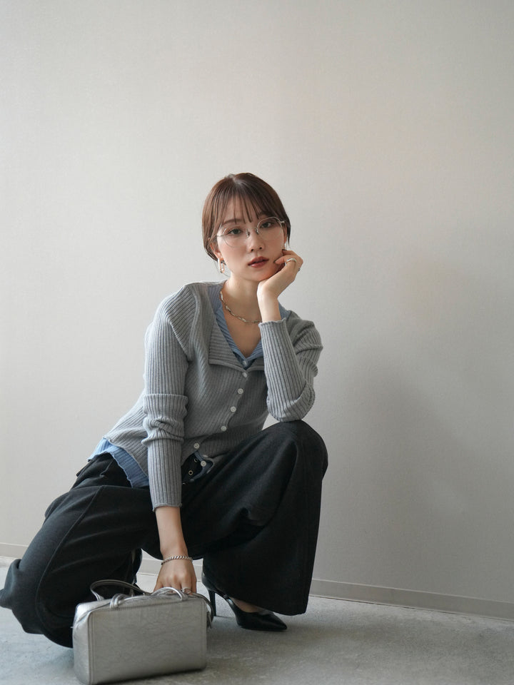 [予約]配色レイヤードリブニットカーディガン/gray