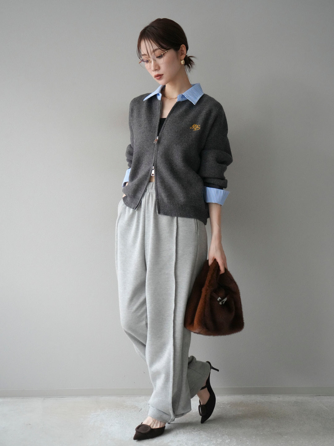 [SET]ストライプシャツレイヤードZIPニットカーディガン+2WAYデザインスウェットパンツ(2set)