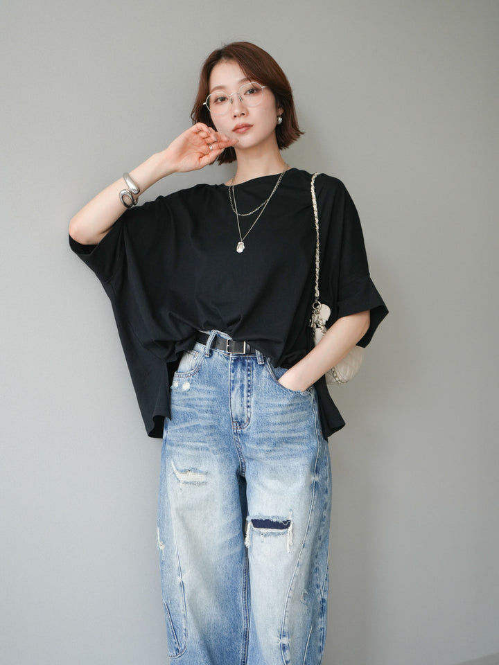 [SET]ドルマンワイドフレアトップス+ダメージカーブワイドデニムパンツ(2set)