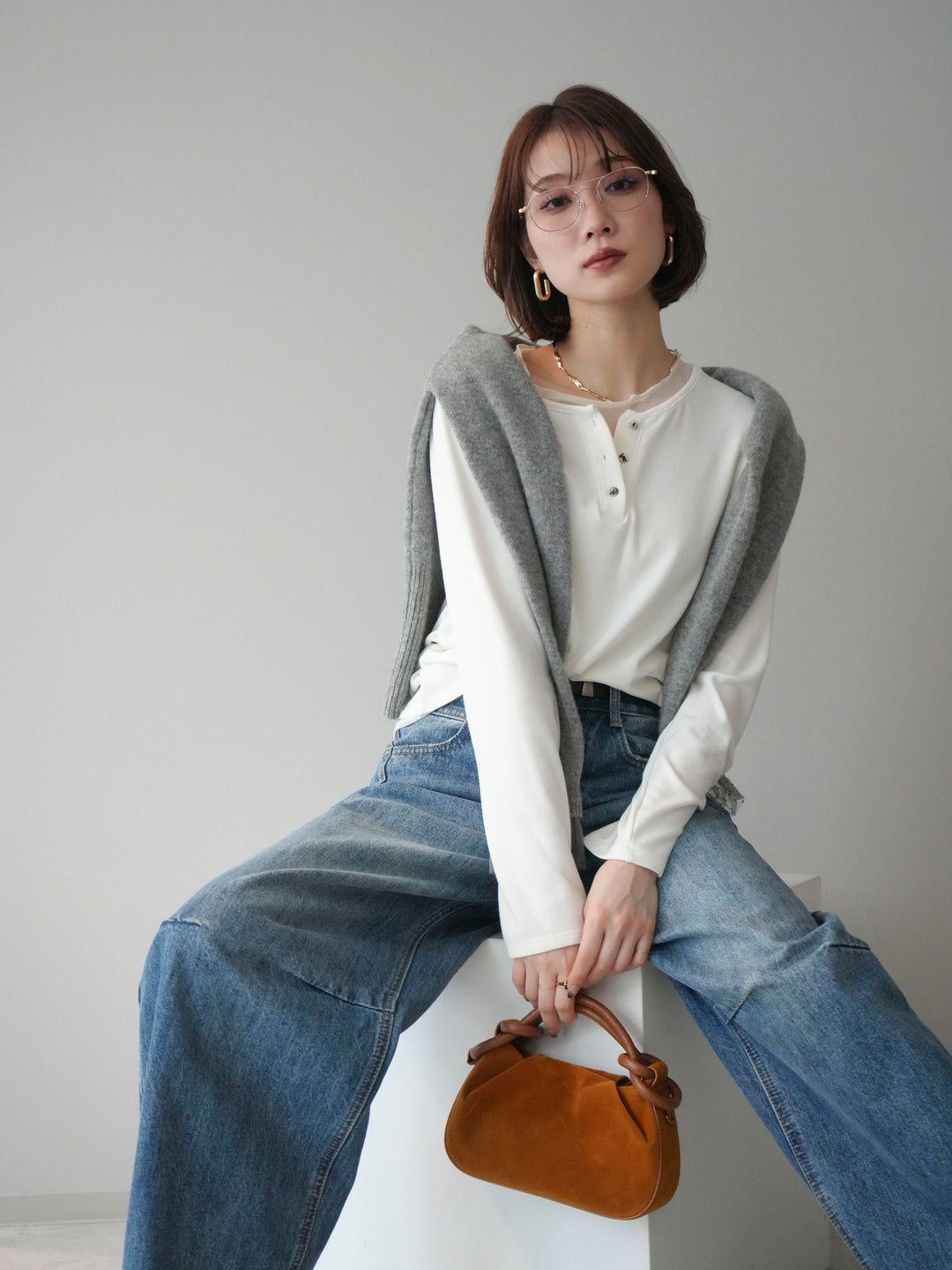 [予約]チュールレイヤードヘンリーネックカットソー/ivory