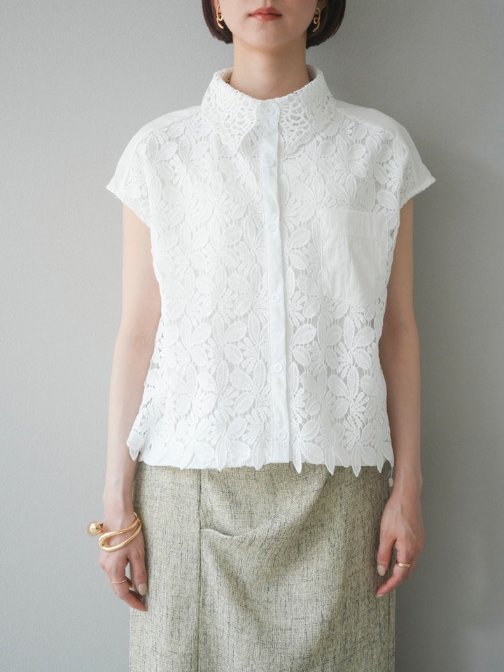 【預購】蕾絲分層抽繩襯衫/白色