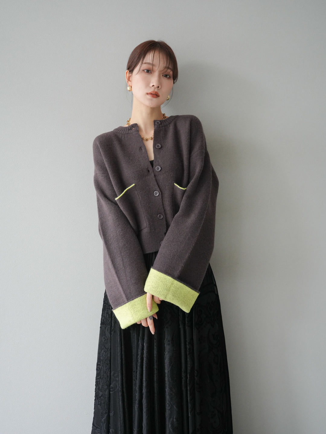 [SET]バイカラーオーバーニットカーディガン+アンティーク柄フロッキーマキシスカート(2set)