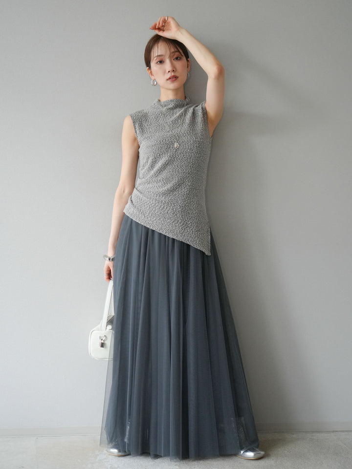 [SET]ブークレアシメニットノースリーブトップス+チュールボリュームスカート(2set)