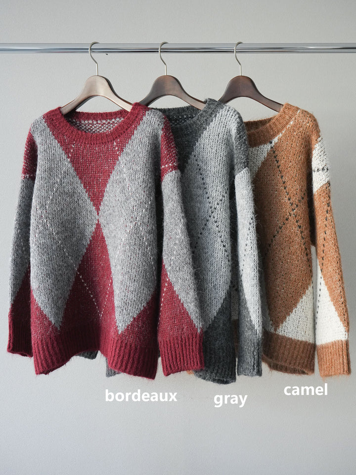 [SET]アーガイルオーバーニットプルオーバー+スエードワッシャープリーツスカート(2set)