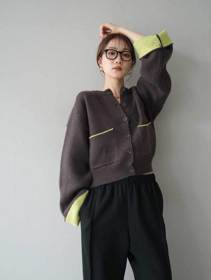 [予約]バイカラーオーバーニットカーディガン/ブラウン