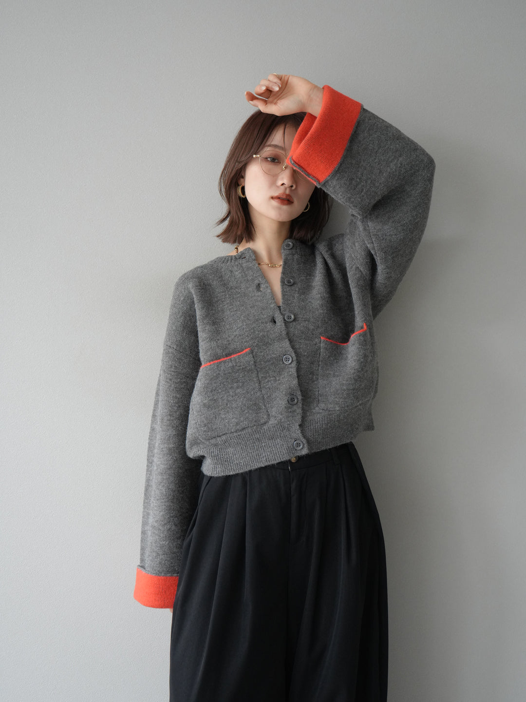 [予約]バイカラーオーバーニットカーディガン/チャコール