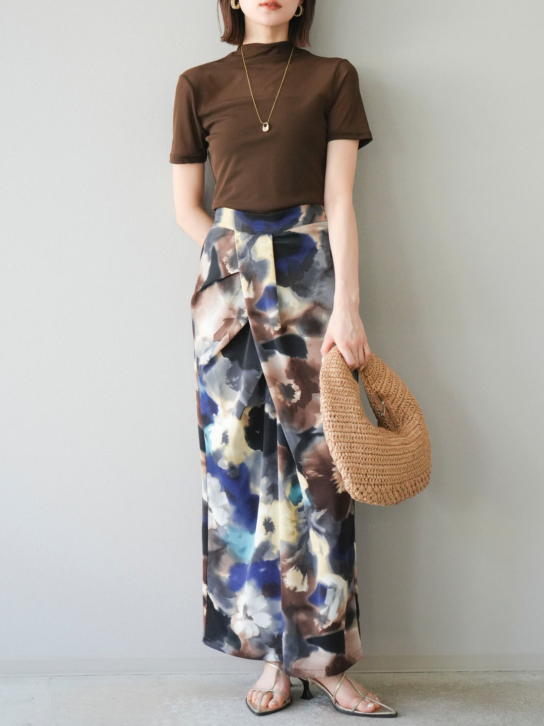 [SET] 透視半袖上衣 + 水彩印花褶襉I字裙 (2set)