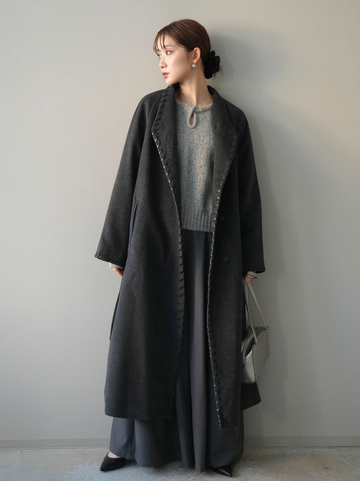 [SET]ハンドステッチ裏中綿ロングコート+テープベルトタックバギーパンツ(2set)