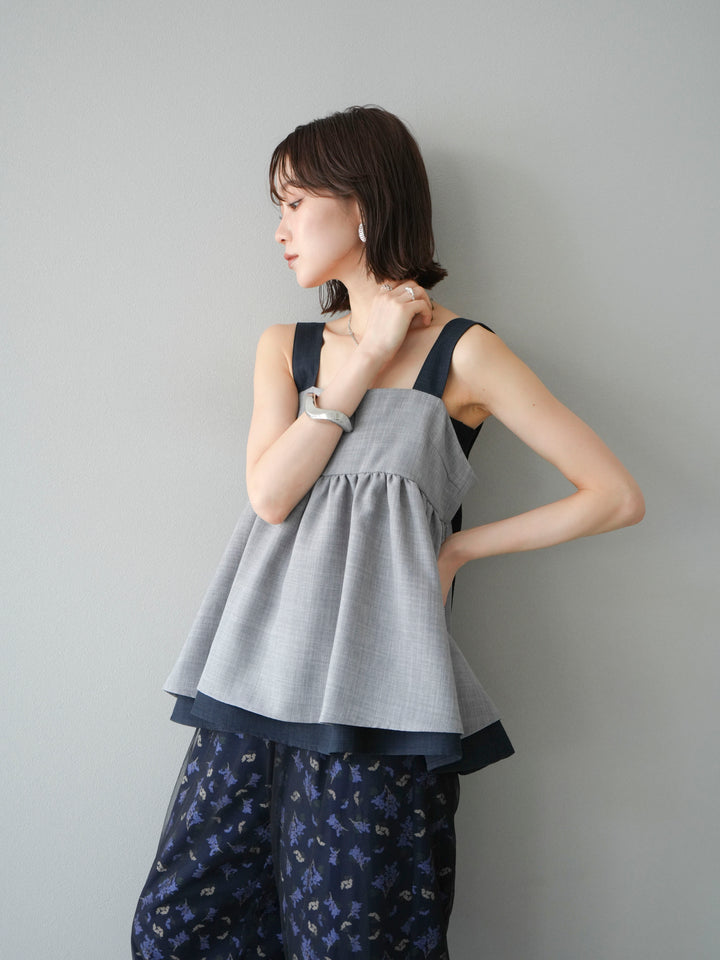 [SET]リネンライク配色フレアタンクトップ+コード刺繍チュールレイヤードパンツ+ブーケプリントタックパンツ(3set)