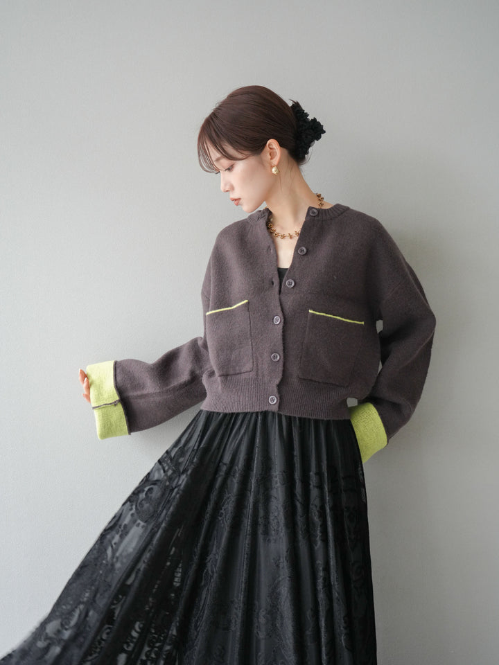 [SET]バイカラーオーバーニットカーディガン+アンティーク柄フロッキーマキシスカート(2set)