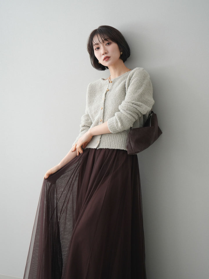 [SET]ゴールドボタンブークレニットカーディガン+チュールボリュームスカート(2set)
