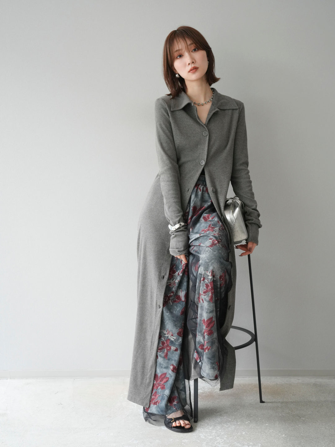 [SET]襟付きカットリブボタンワンピース+フラワープリントチュールレイヤードパンツ(2set)