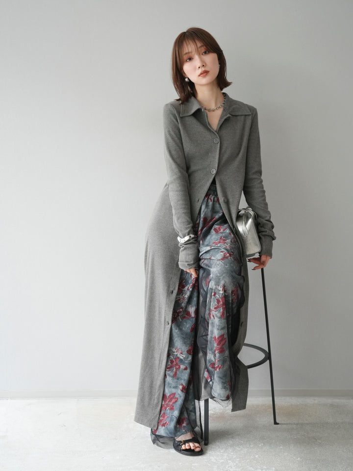 [SET]襟付きカットリブボタンワンピース+フラワープリントチュールレイヤードパンツ(2set)