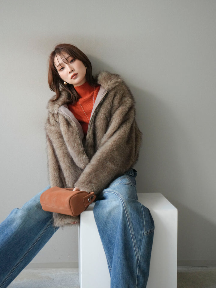 [予約]フェイクファーショートZIPジャケット/brownmix