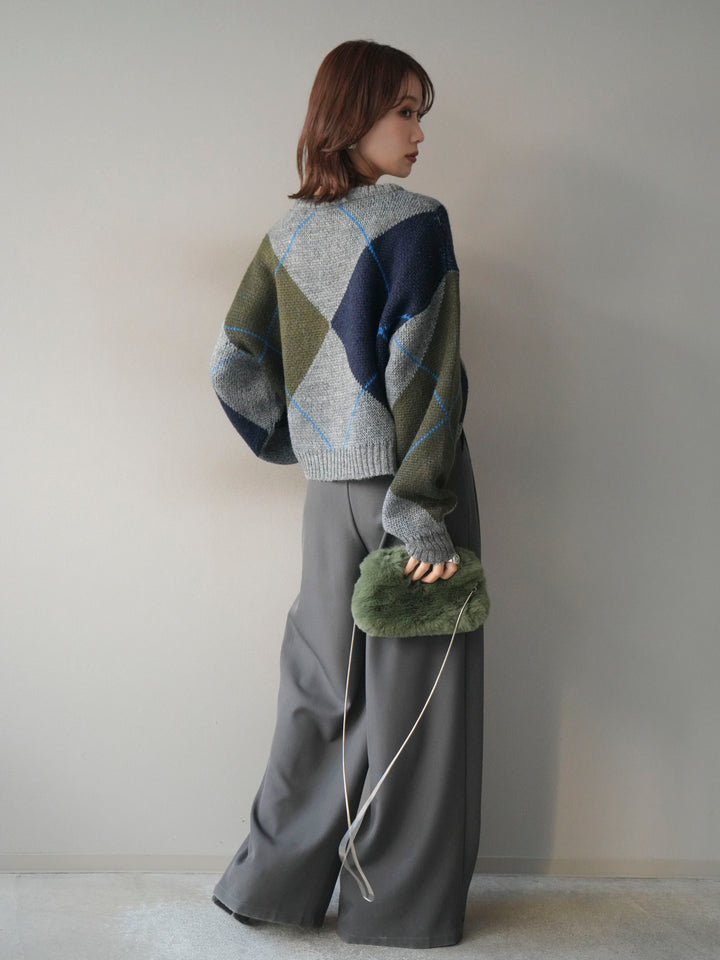 [SET]配色ステッチアーガイル柄ニットプルオーバー+ベルトループデザインワイドパンツ(2set)