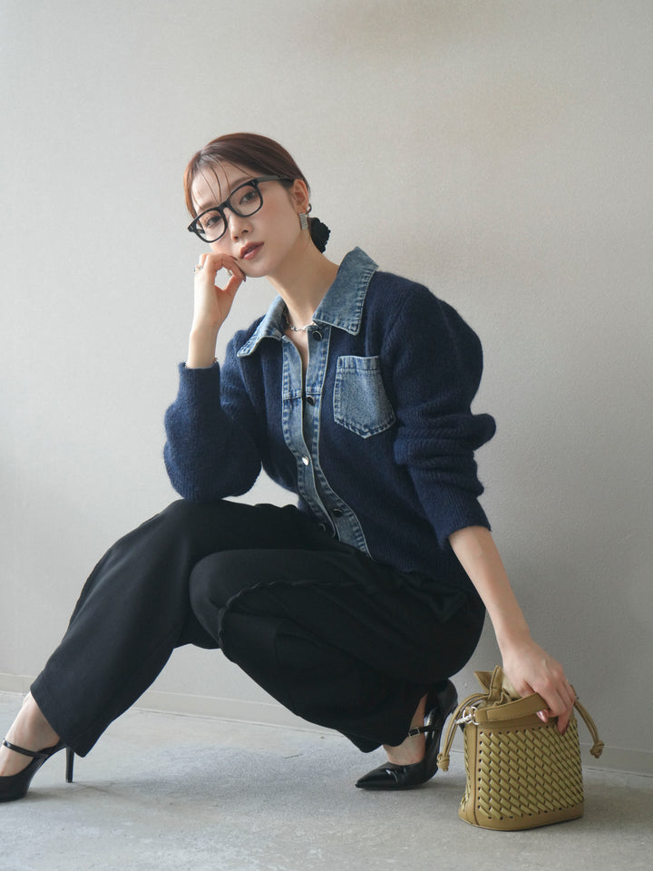 [予約]デニム襟ポケットニットカーディガン/navy