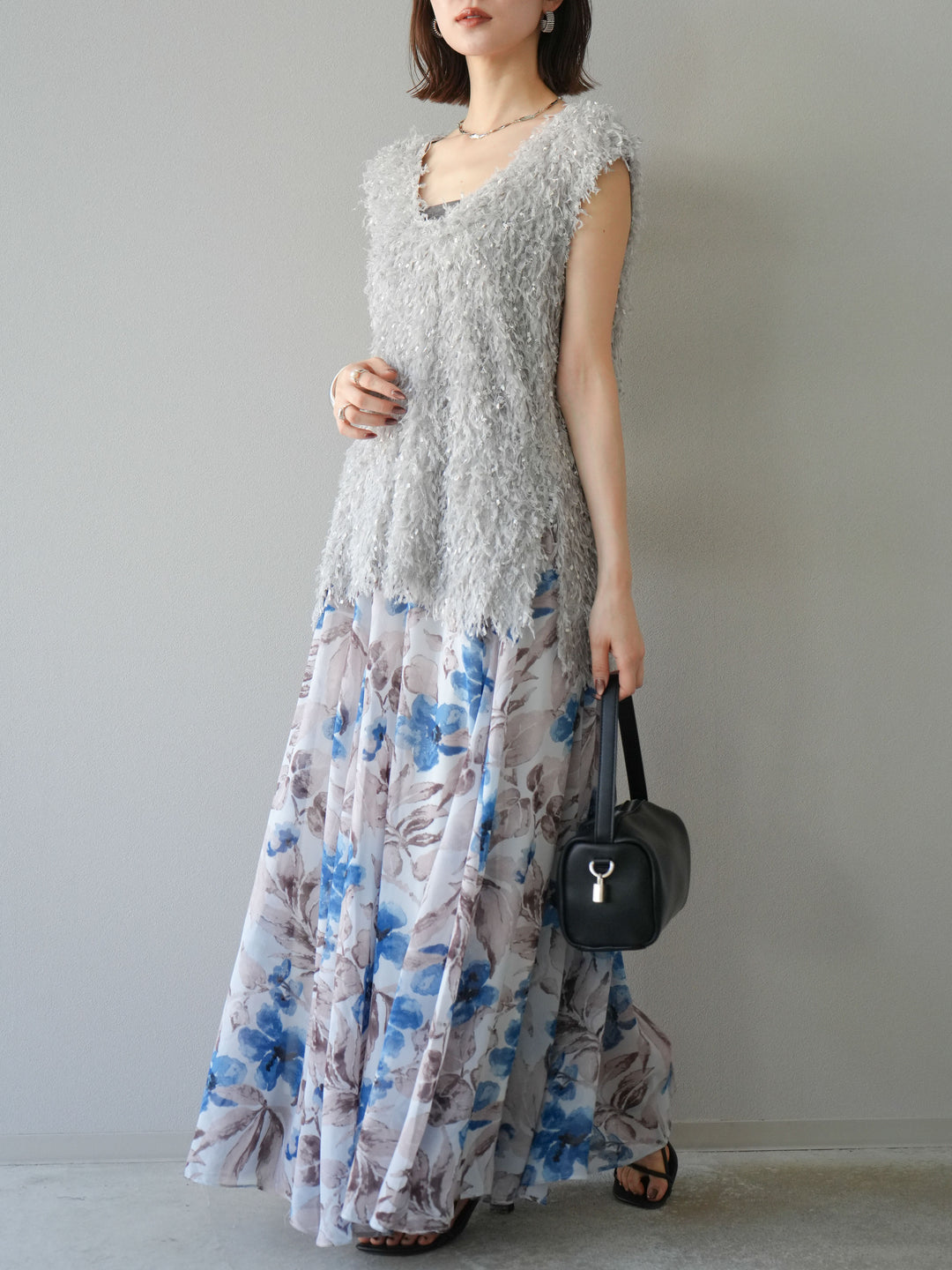 [予約]フラワープリントボリュームフレアスカート/ブルー