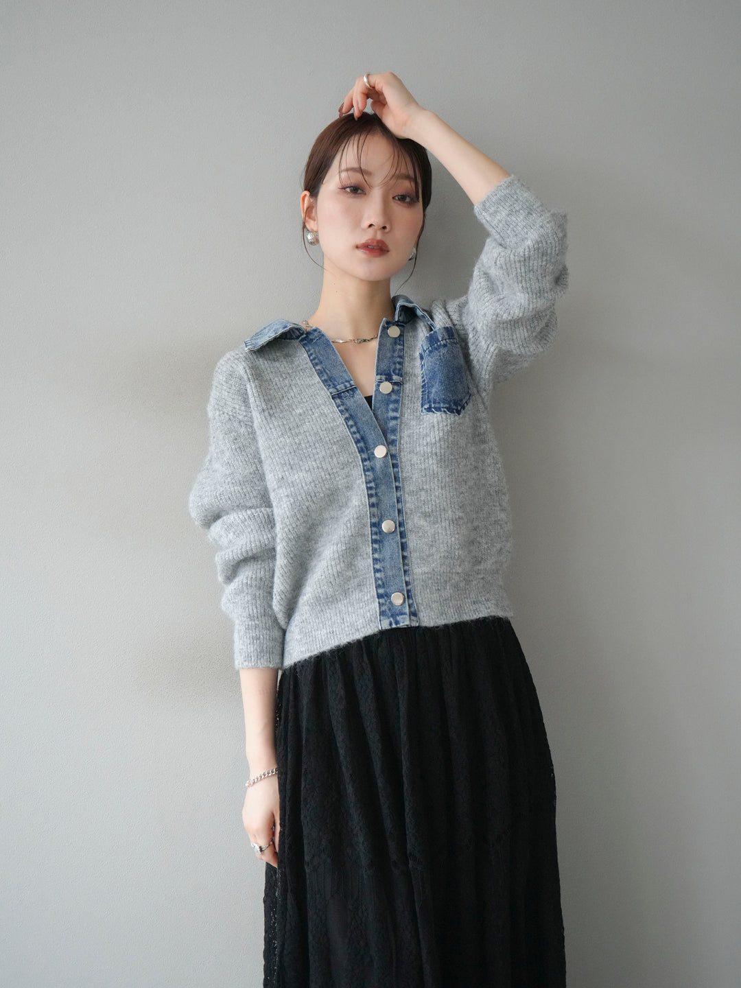 [予約]デニム襟ポケットニットカーディガン/gray