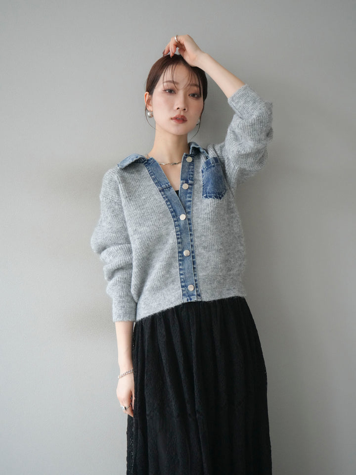 [予約]デニム襟ポケットニットカーディガン/gray