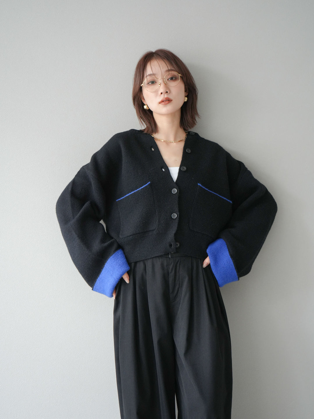 【SET】雙色針織開襟衫+褶襉設計寬褲（2套）