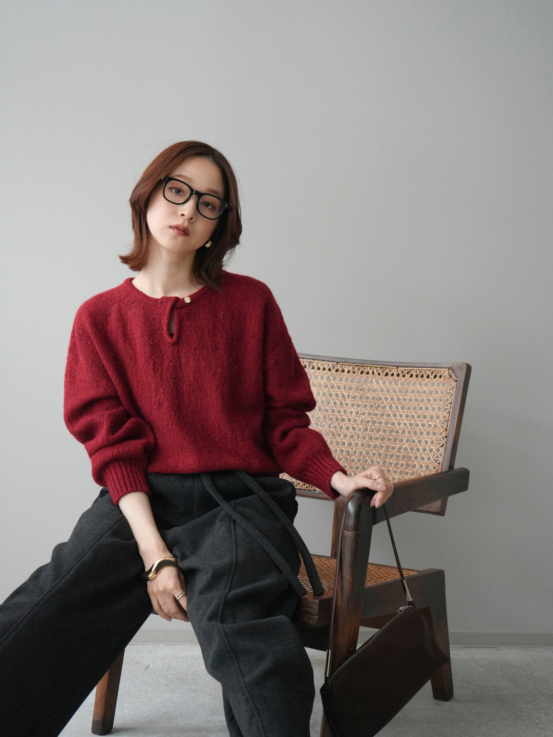 [予約]ツイストネックラメネップヤーンニットプルオーバー/red