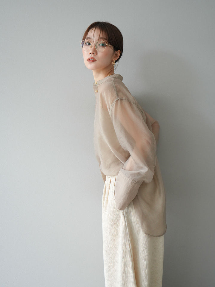 [SET] 亮面透視立領襯衫 + 柳葉寬褲 (2set)