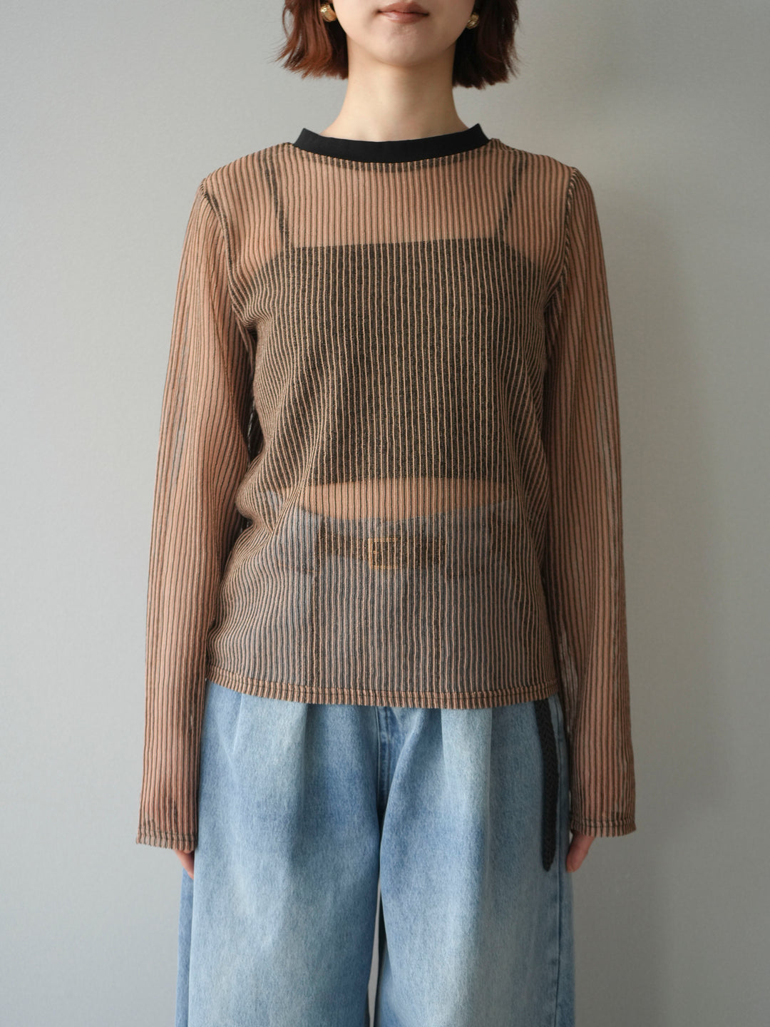 [予約]シアーストライプメッシュトップス/beige