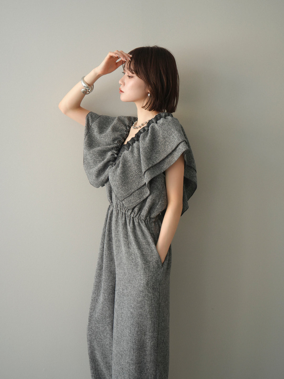 [SET]3WAYミックスツイードギャザーオールインワン+選べるアクセセット(2set)