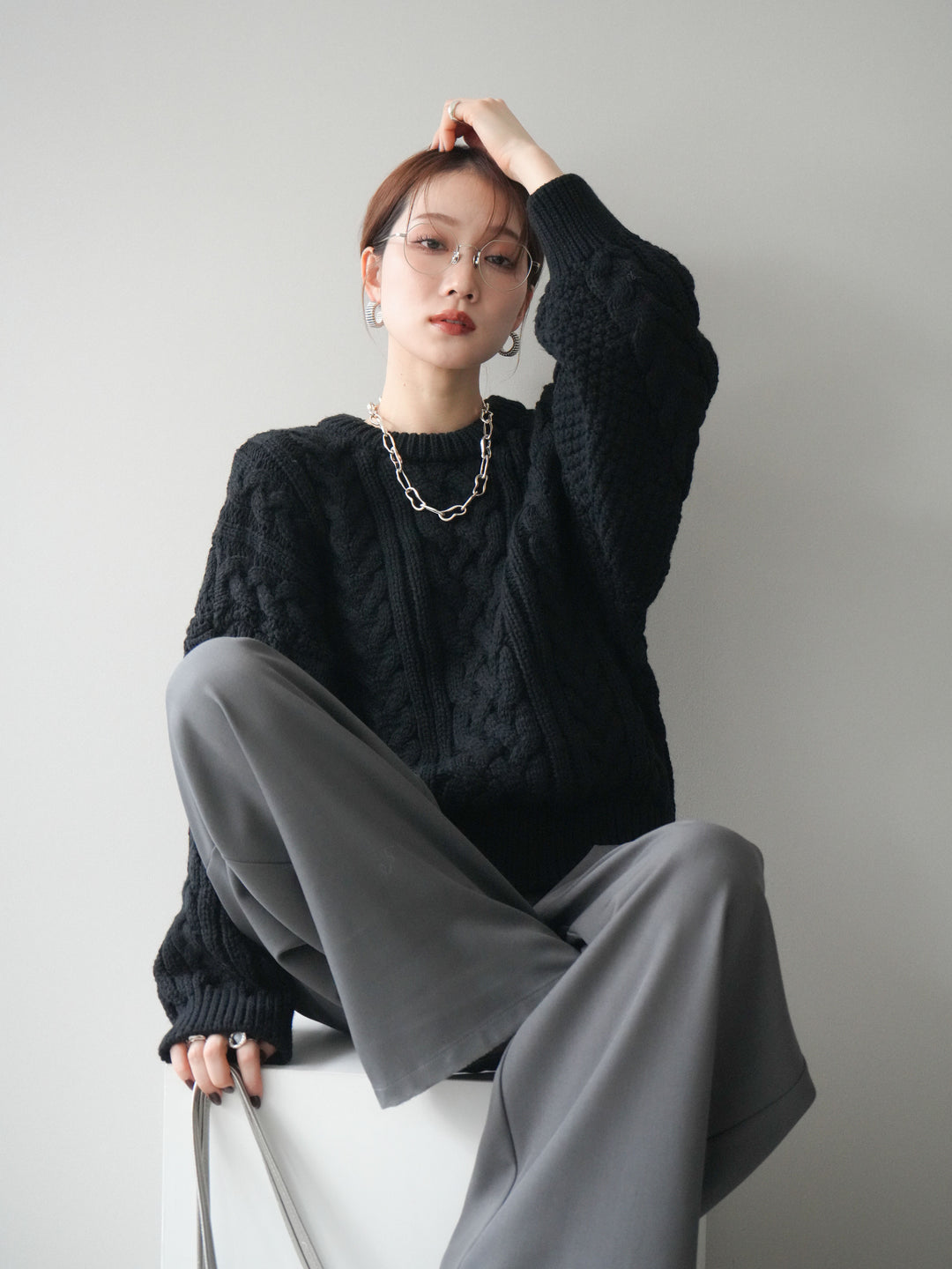 [予約]ボリュームケーブルニットプルオーバー/black