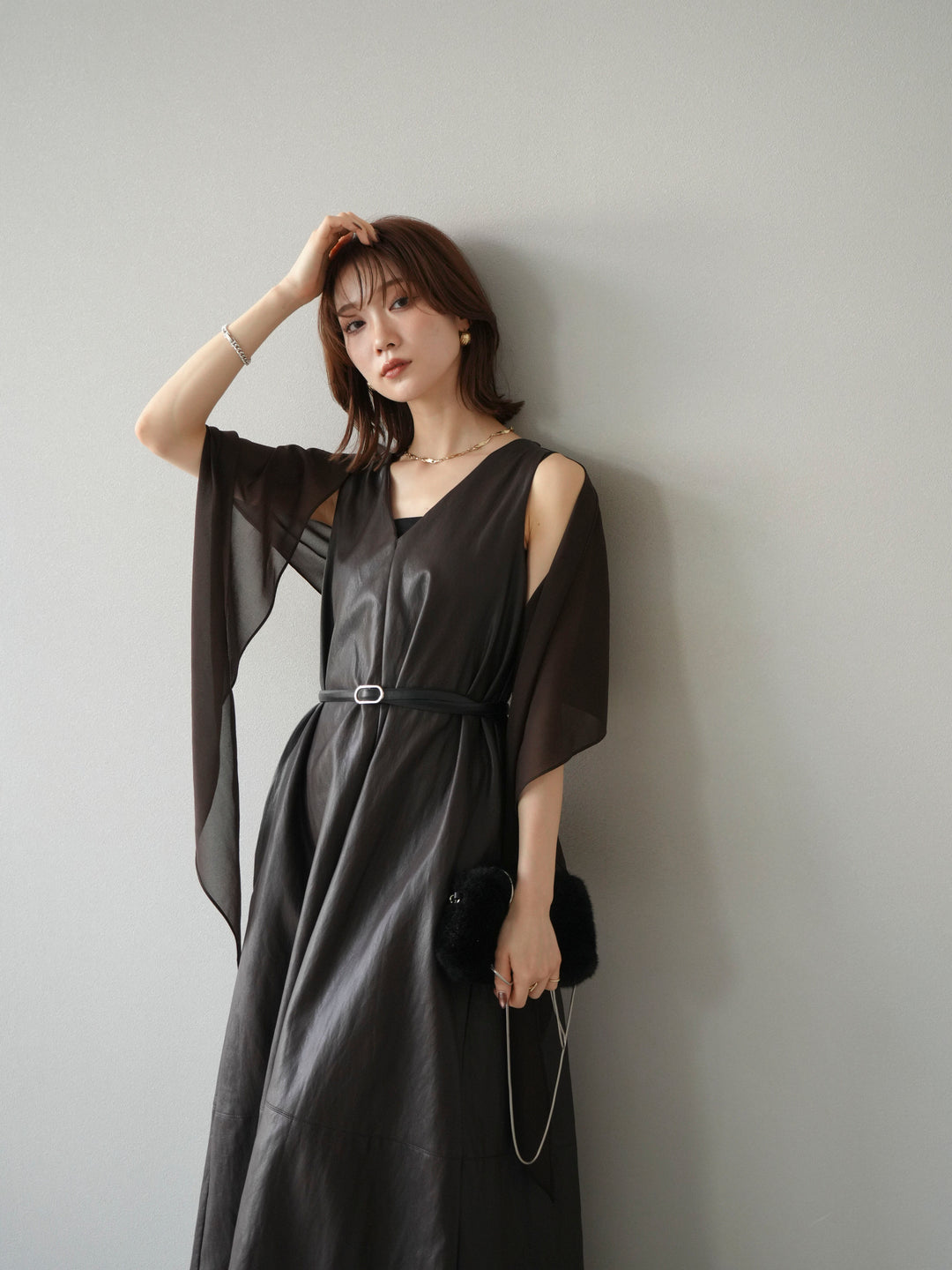 [予約]レザーAラインワンピース/ブラウン