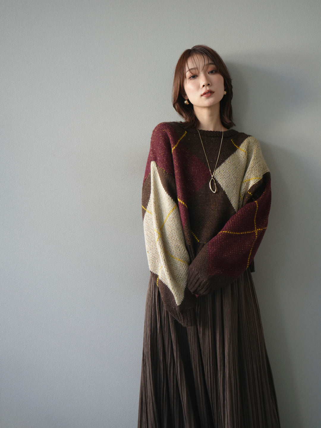 [予約]配色ステッチアーガイル柄ニットプルオーバー/brown