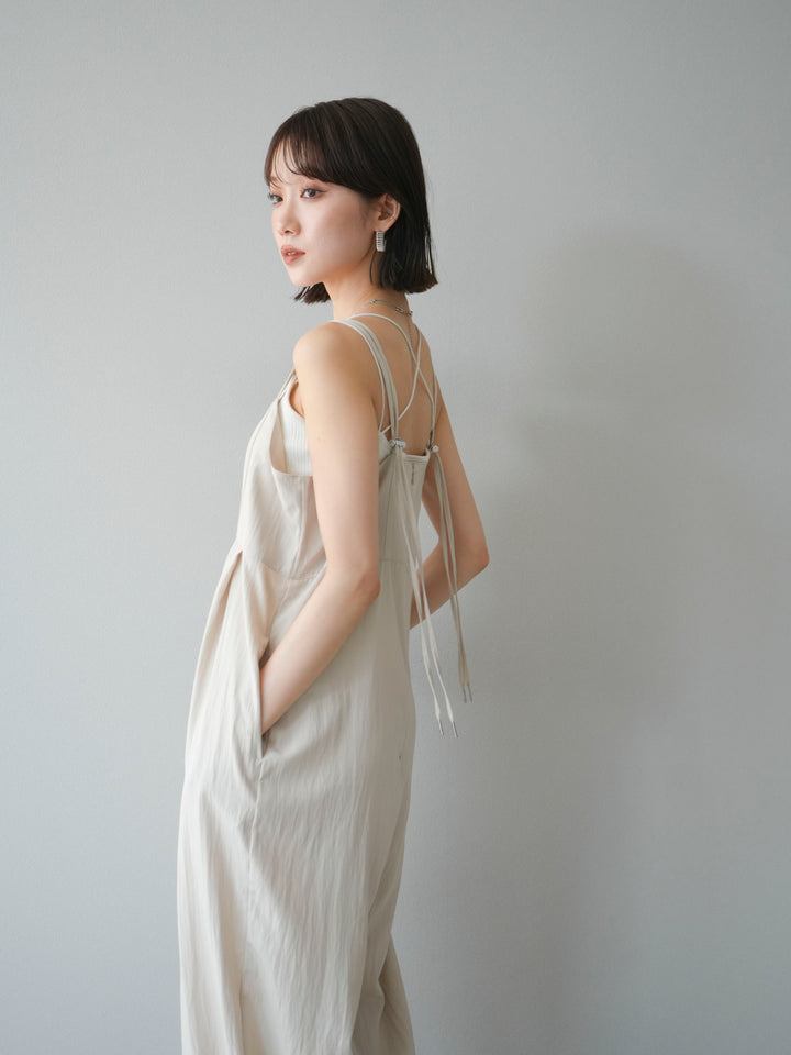 [SET]リネンライクビスチェデザインサロペット+ダブルストラップカットリブブラキャミソール(2set)