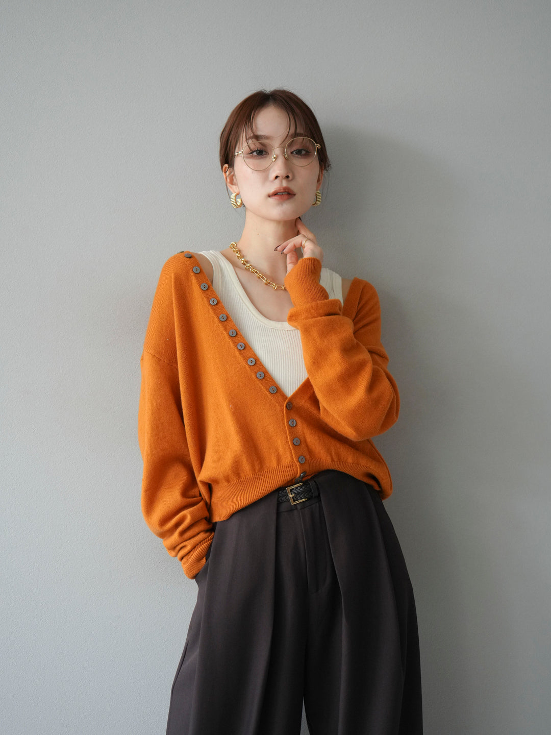 [SET]デザインボタンニットカーディガン＆タンクトップSET+ベルトループデザインワイドパンツ(2set)