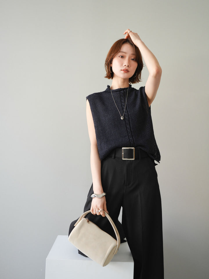 【套裝】開襟針織上衣+銀色搭扣垂褶闊腿褲（兩件套）