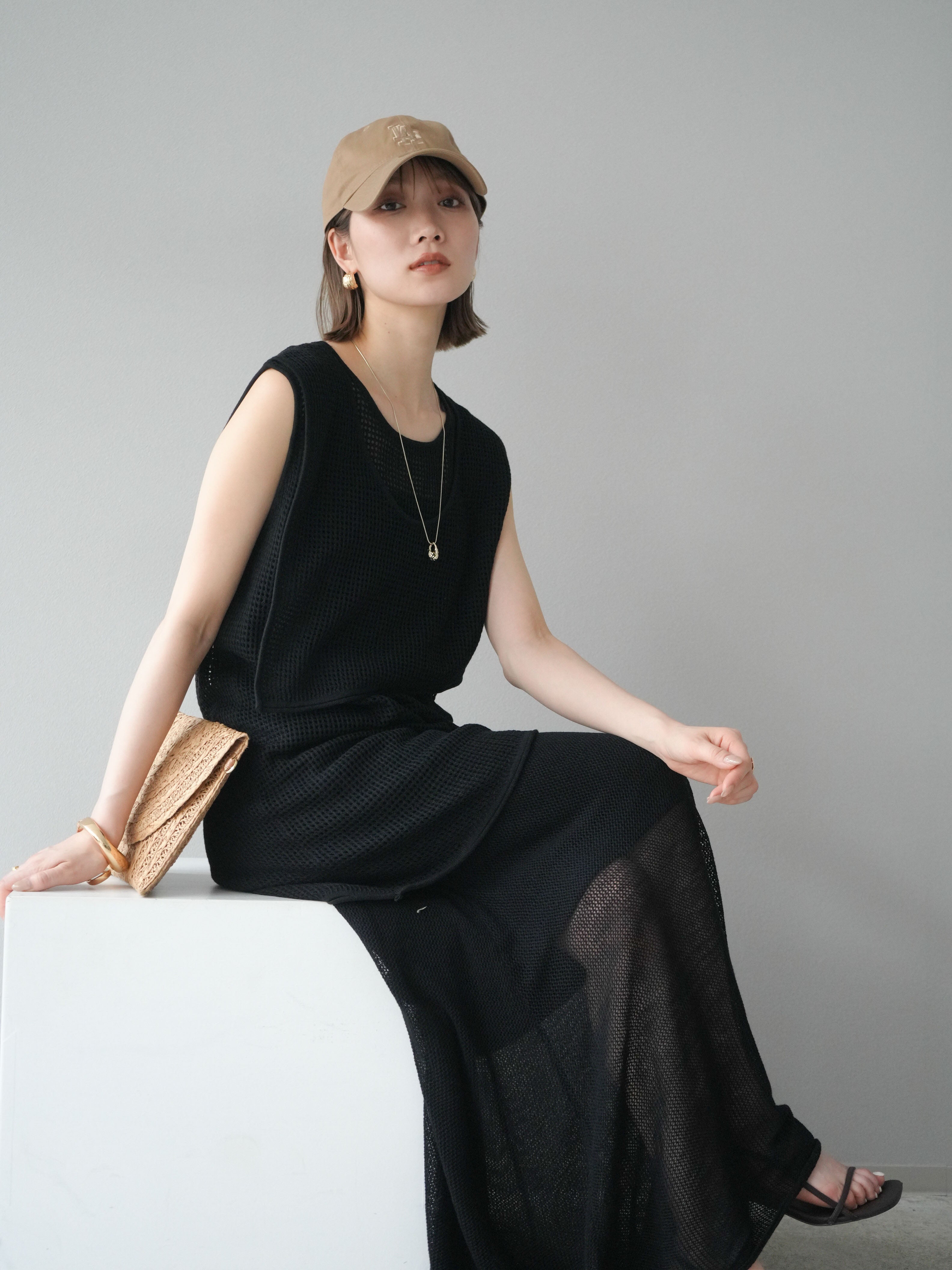 SET]メッシュレイヤードニットトップス＆スカートSET UP(2set