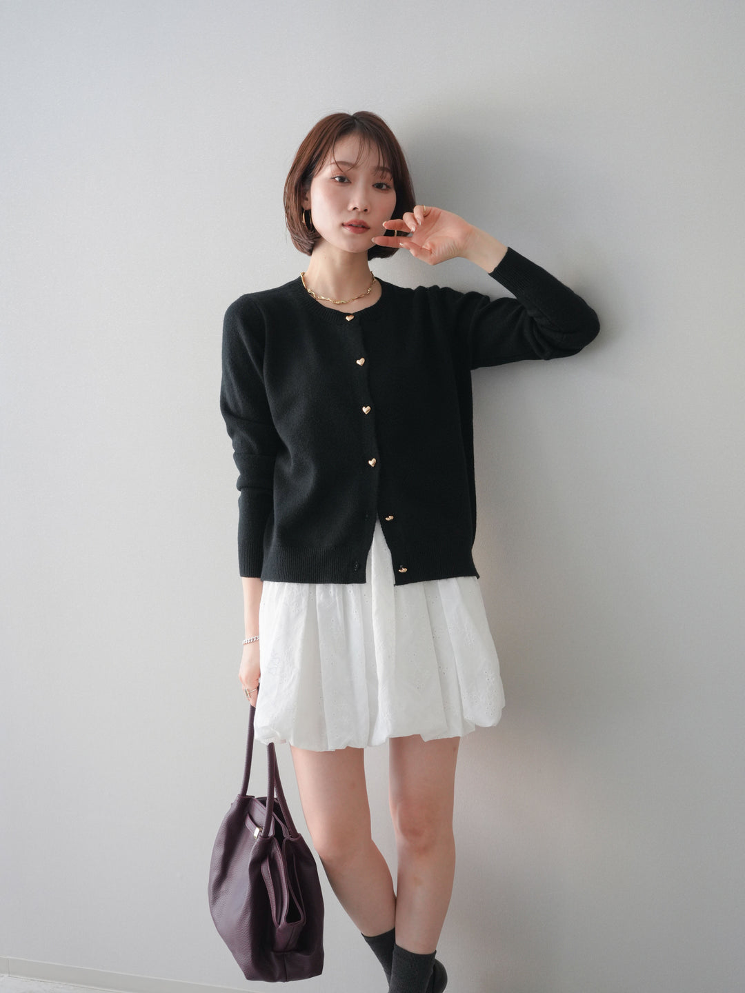 [予約]ハートボタンニットカーディガン/black
