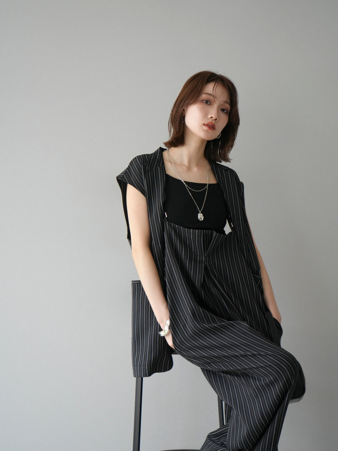 [SET]ヘリンボーンストライプジレ+ヘリンボーンストライプサロペット(2set)