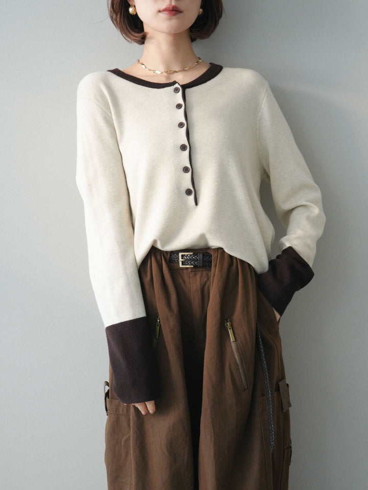 [SET]ヘンリーネック配色ニットソー+選べるアクセセット(2set)