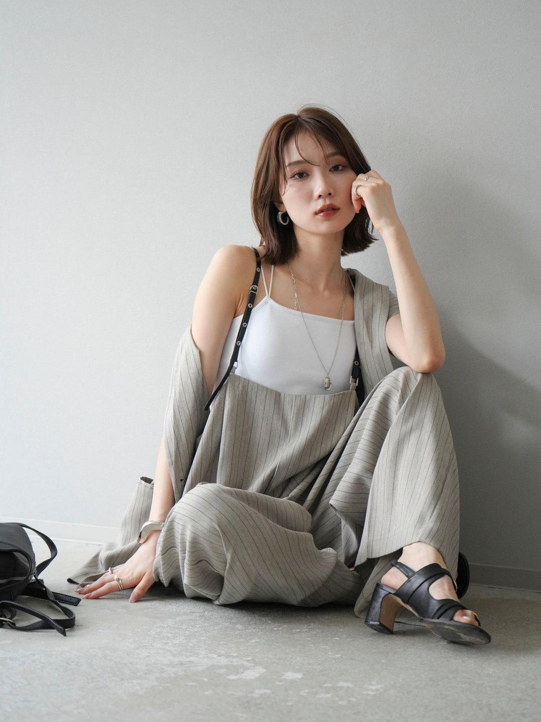 【着回しセット】[SET]ヘリンボーンストライプジレ+シアー切替ベロアトップス+ヘリンボーンストライプサロペット(3set)