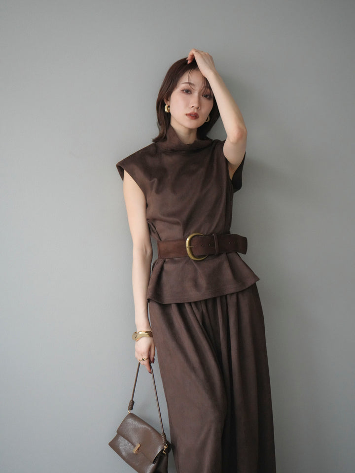 [SET]ベルト付スエードハイネックプルオーバー＆ワイドパンツSET UP