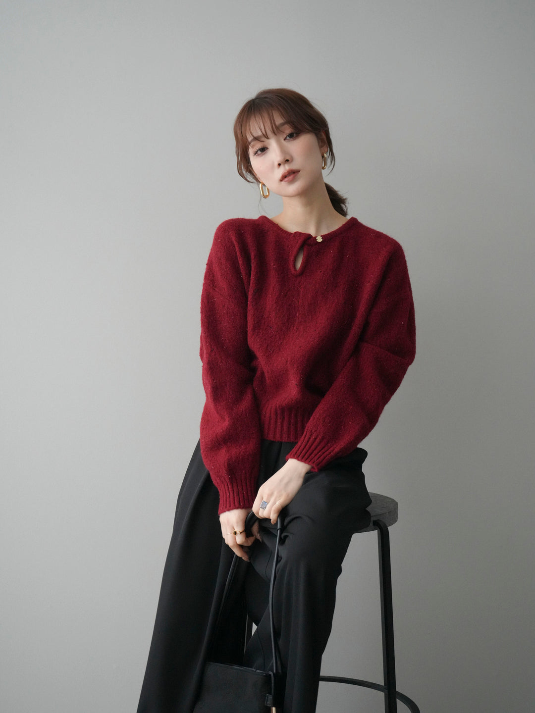 [予約]ツイストネックラメネップヤーンニットプルオーバー/red