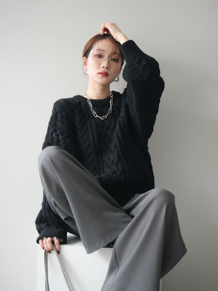 [SET]ボリュームケーブルニットプルオーバー+ベルトループデザインワイドパンツ(2set)