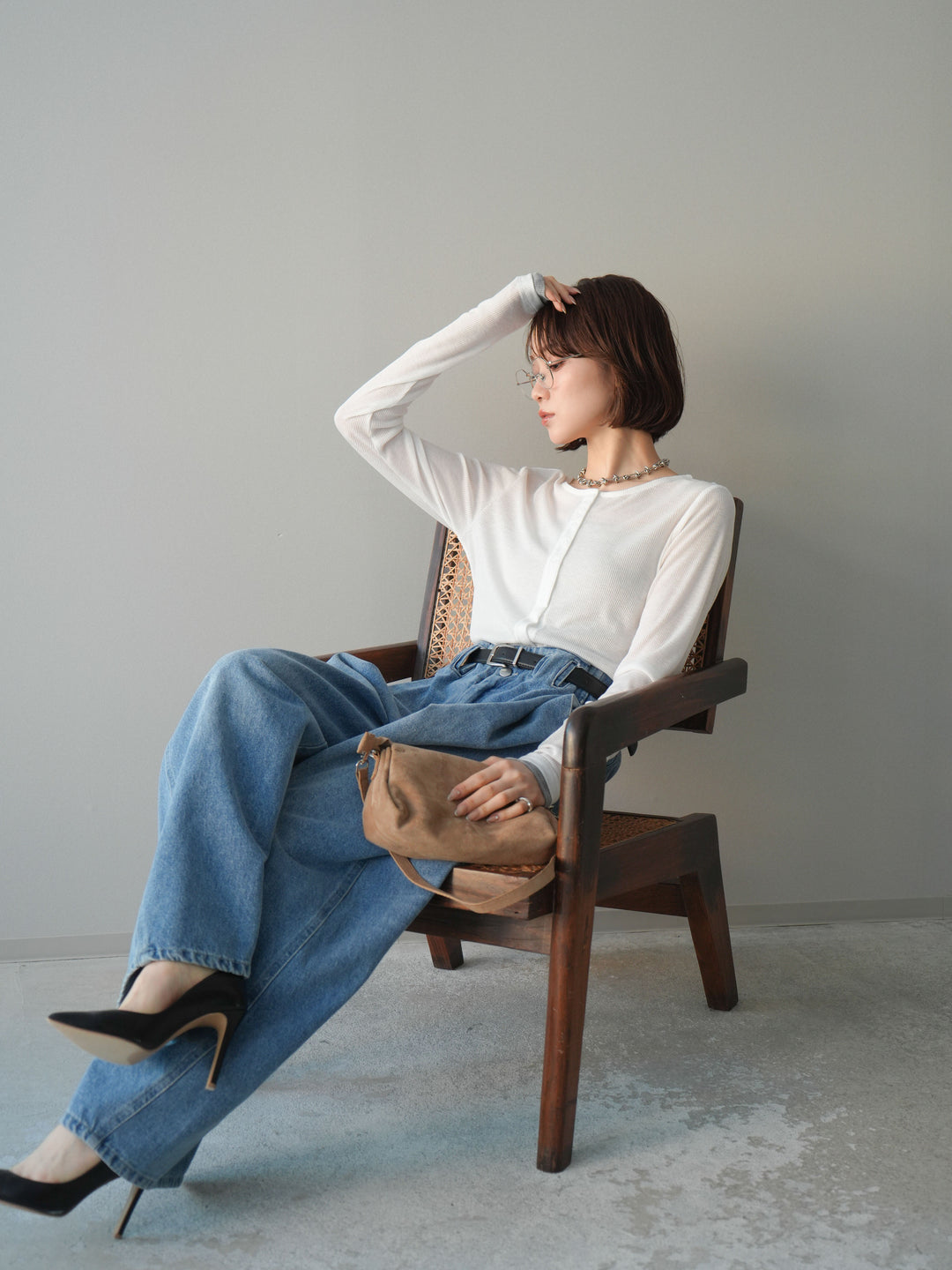 [予約]シアーリブバイカラーカーディガン/white